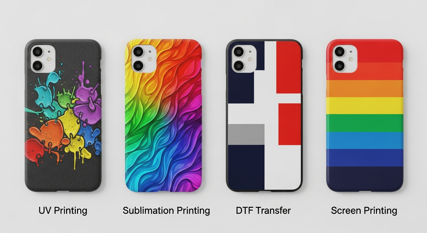 Three custom phone cases showing UV sublimation and DTF printing results