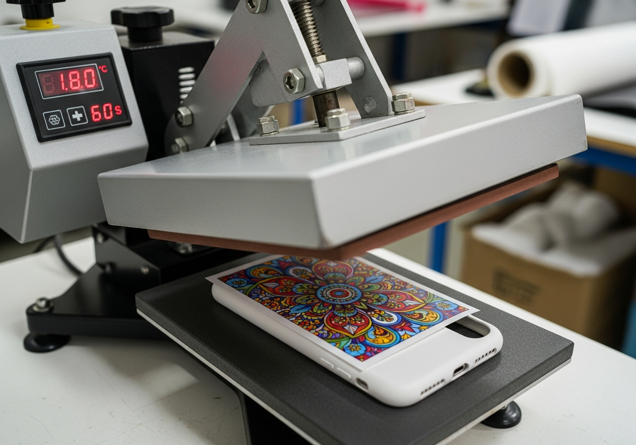 Sublimation heat press machine with coated phone case blank during transfer