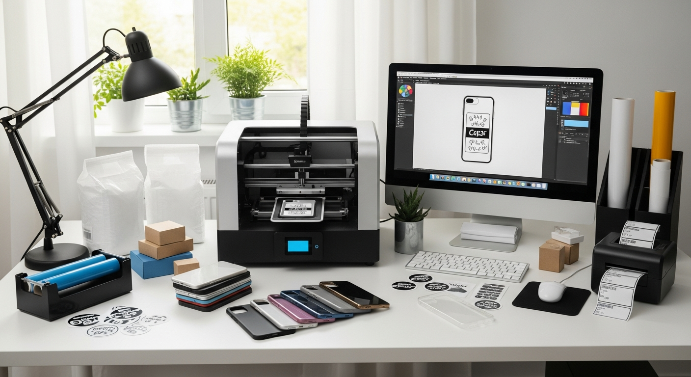 Custom phone case business setup with design tools and product samples