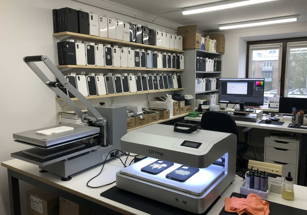 Phone case production setup showing UV printer and blank case inventory