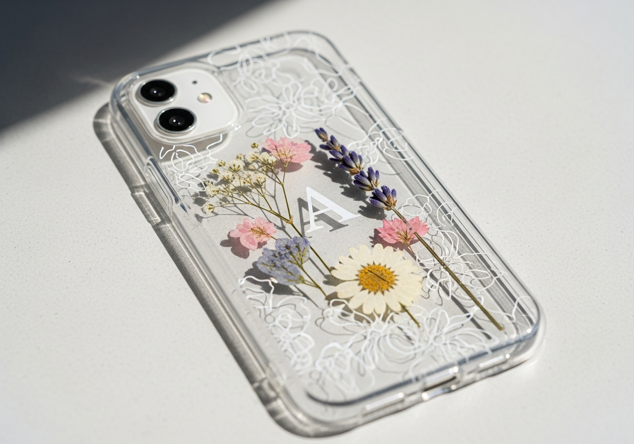 Creative clear phone cases with floating design elements and partial prints
