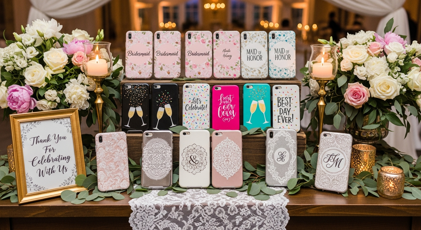 Custom phone cases displayed as wedding event favors with elegant packaging