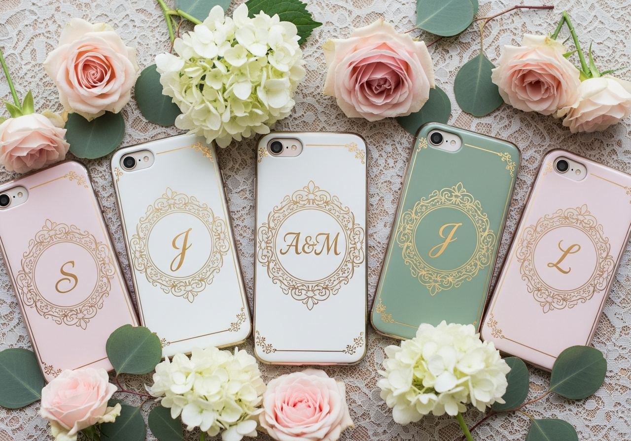 Elegant wedding monogram custom phone cases with bridal party designs