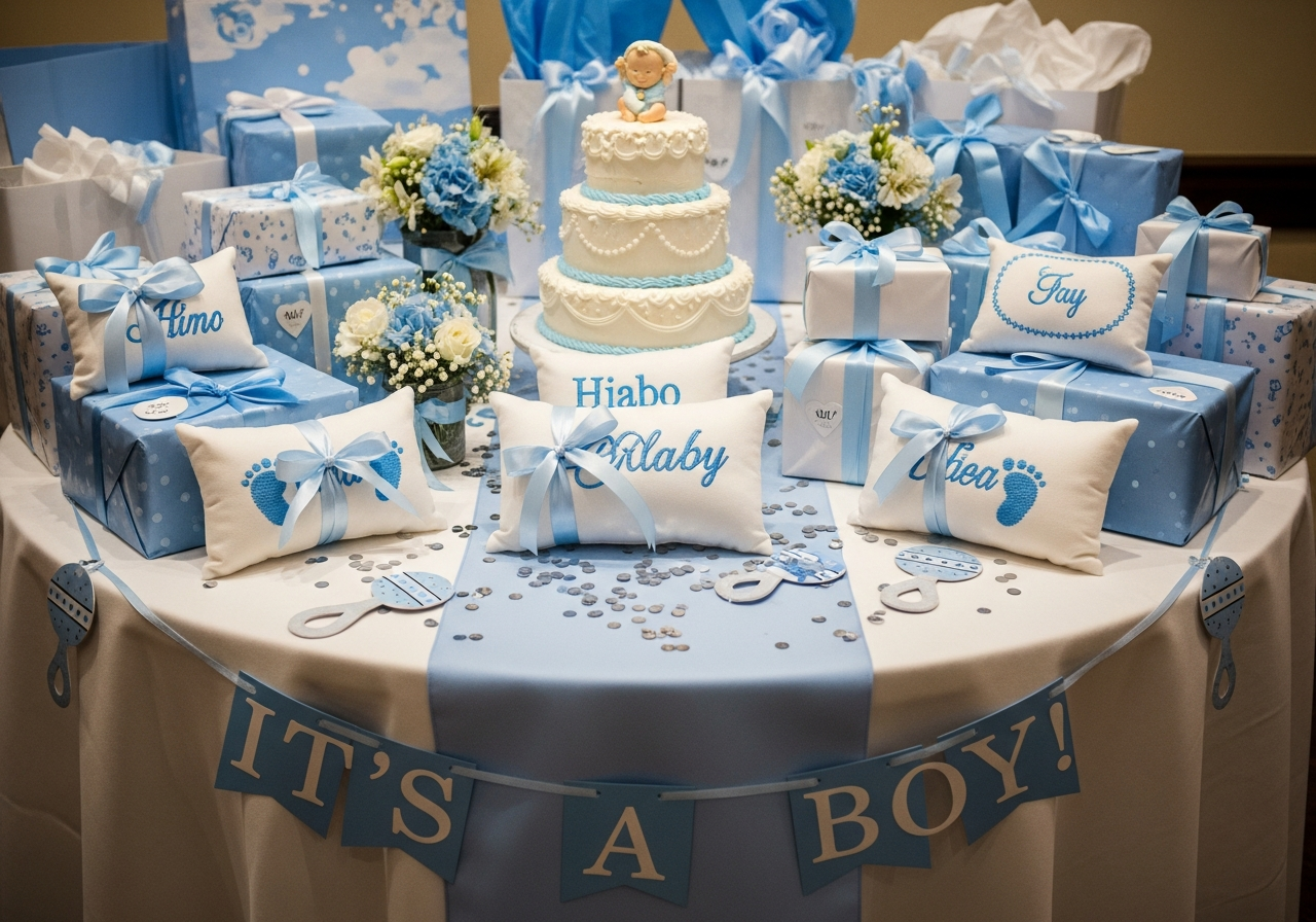 Custom baby shower gift pillow ideas showing name pillows birth stat designs and gift packaging presentation