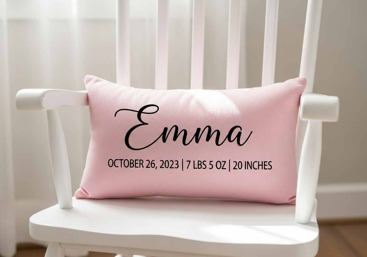 Custom baby name and birth stat pillow designs showing different font styles layouts and personalization options