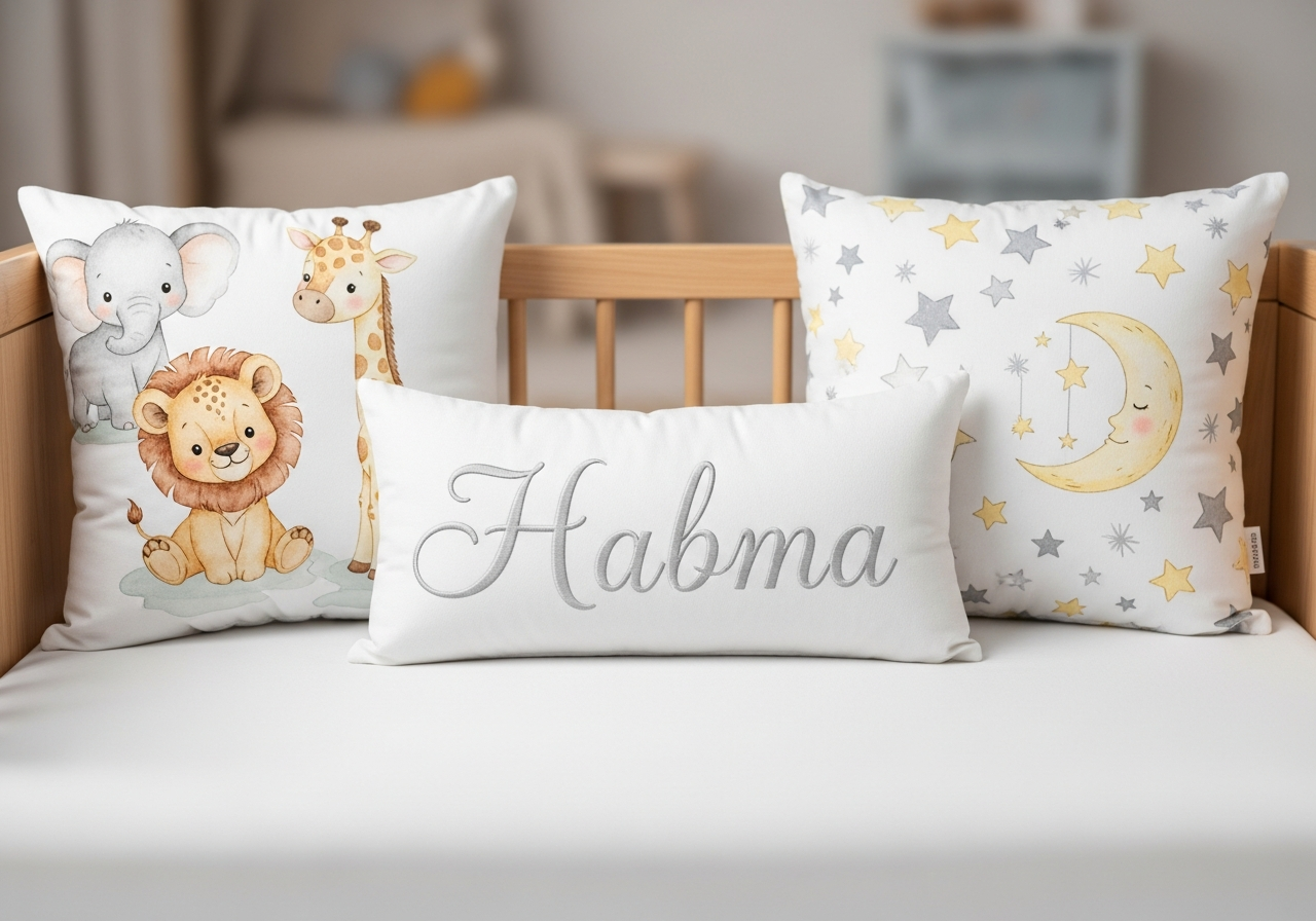 Custom nursery pillow set showing coordinated designs on a rocking chair shelf and crib rail in a baby room