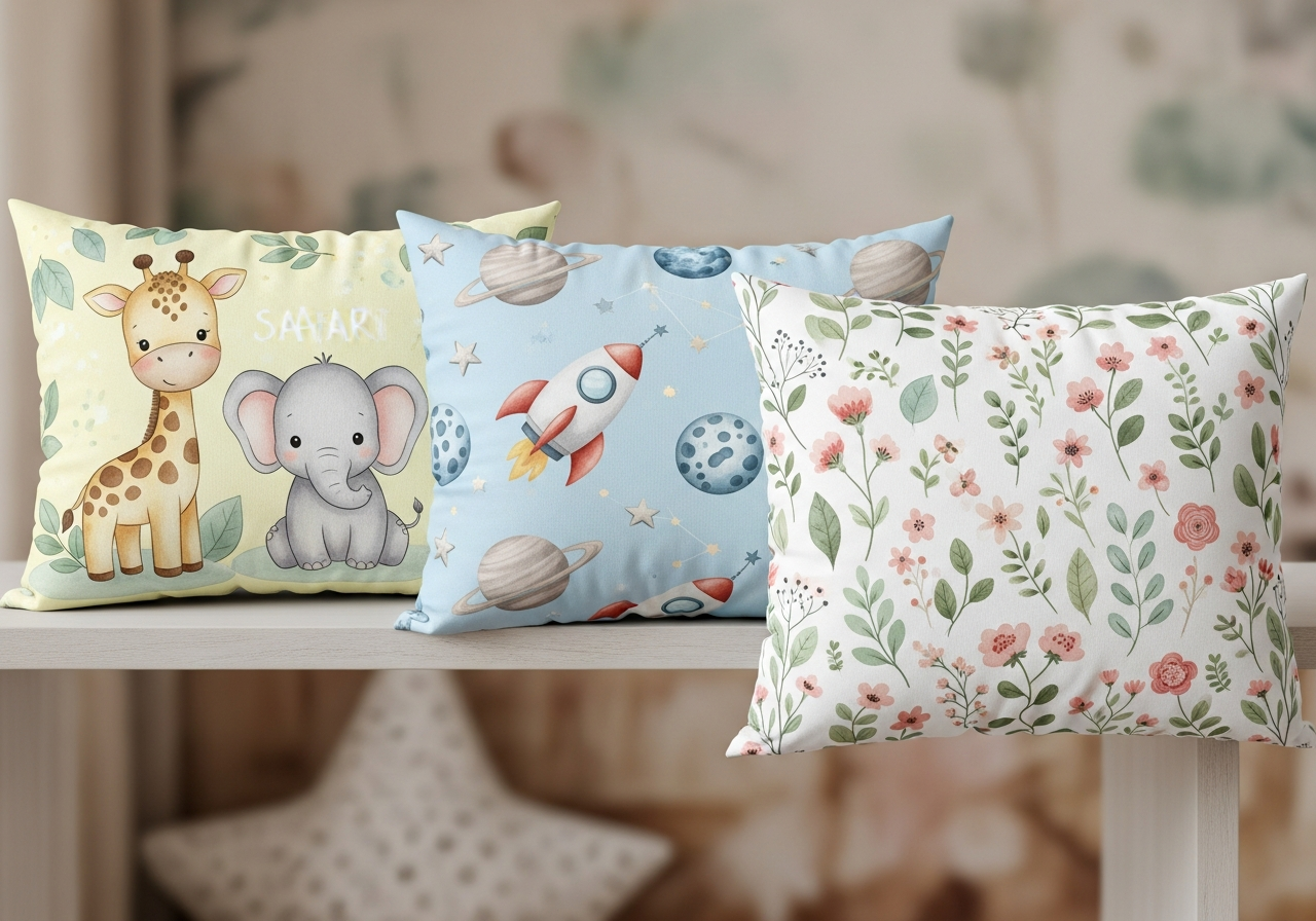 Themed nursery pillow sets showing safari space floral and woodland creature designs for baby rooms