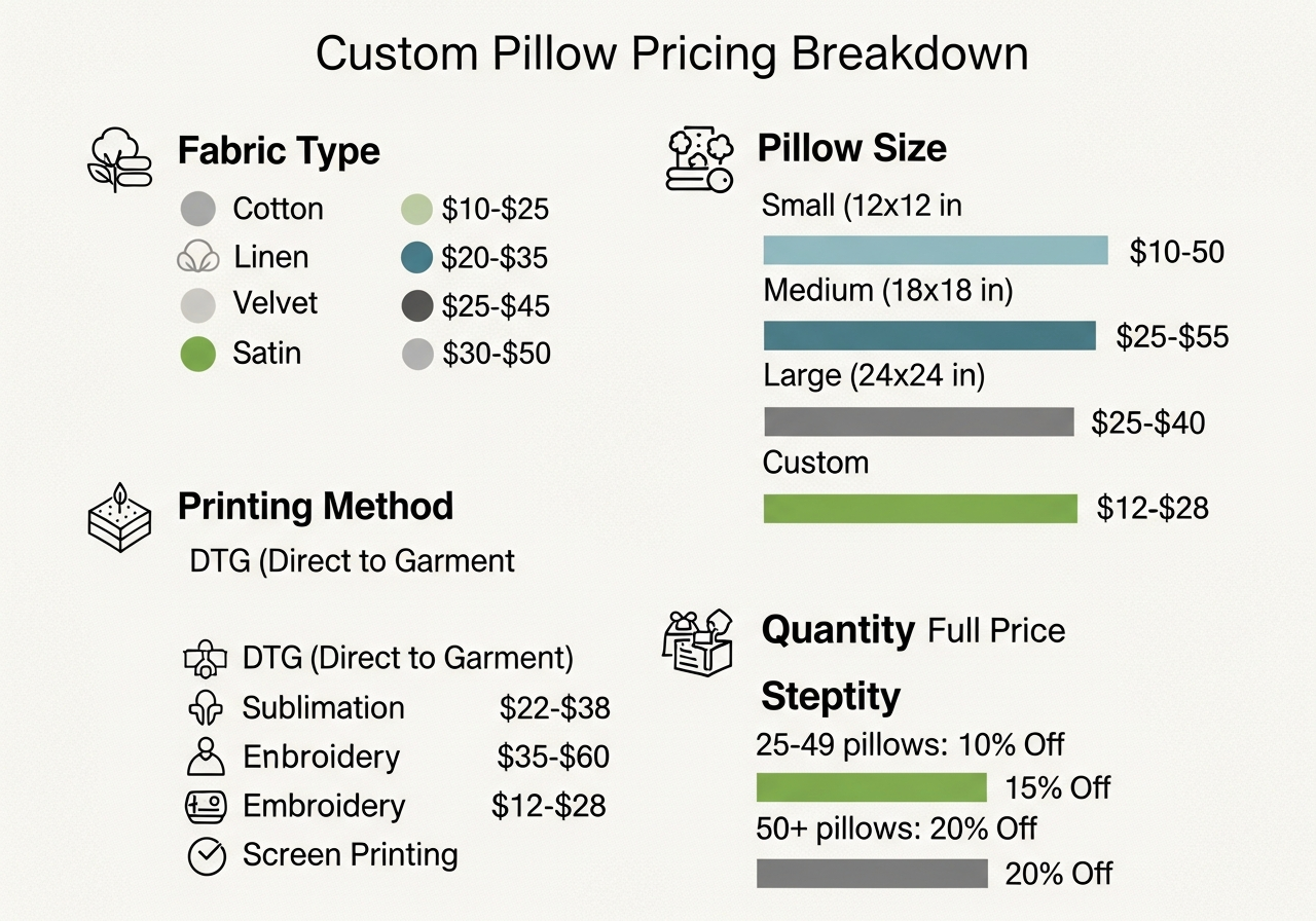 Custom pillow pricing breakdown showing how size fabric print method and quantity affect total cost
