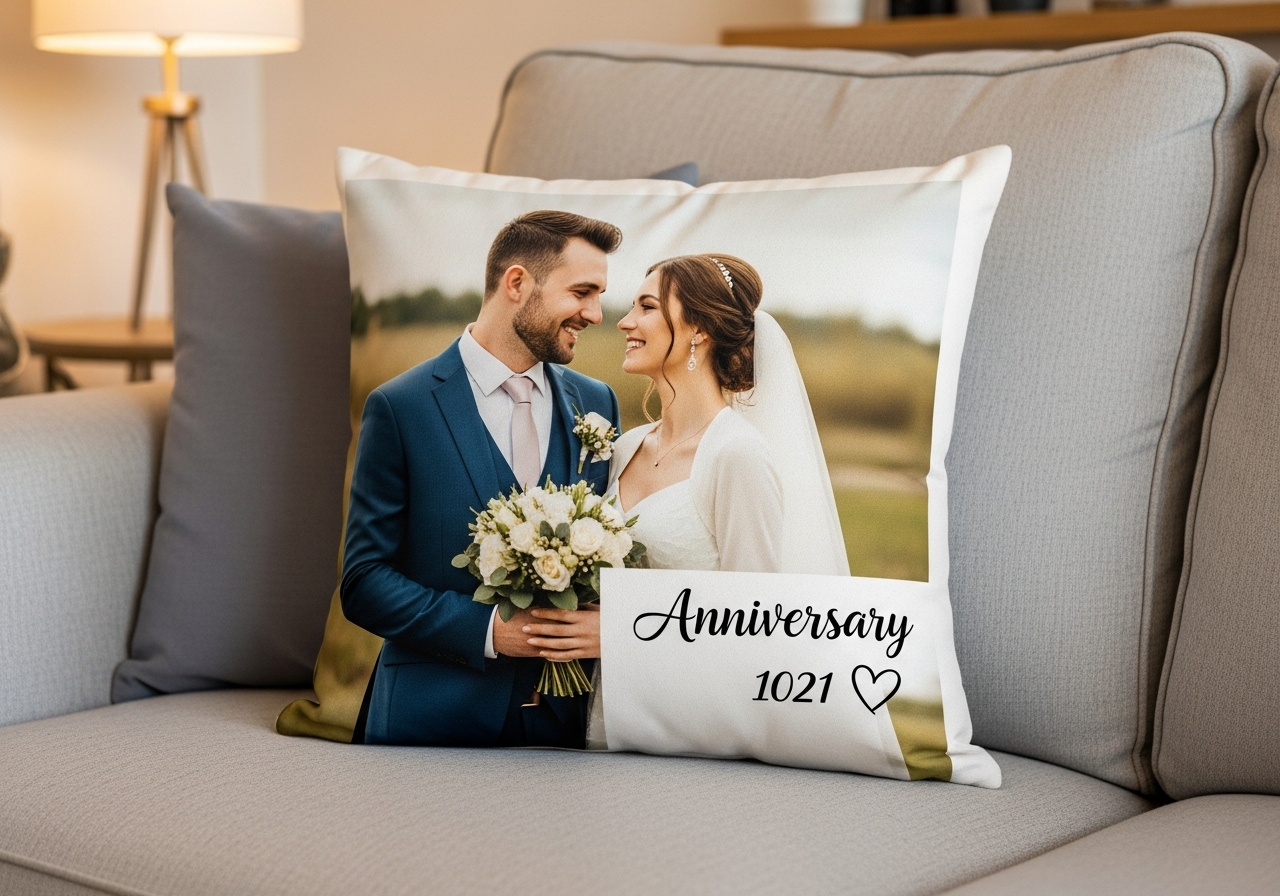 Custom anniversary photo pillow featuring couple photos arranged in a collage with wedding date text overlay