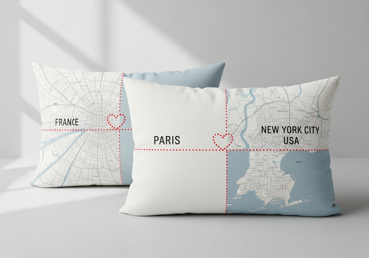Long-distance relationship custom pillows showing state silhouette designs connected by dotted heart line
