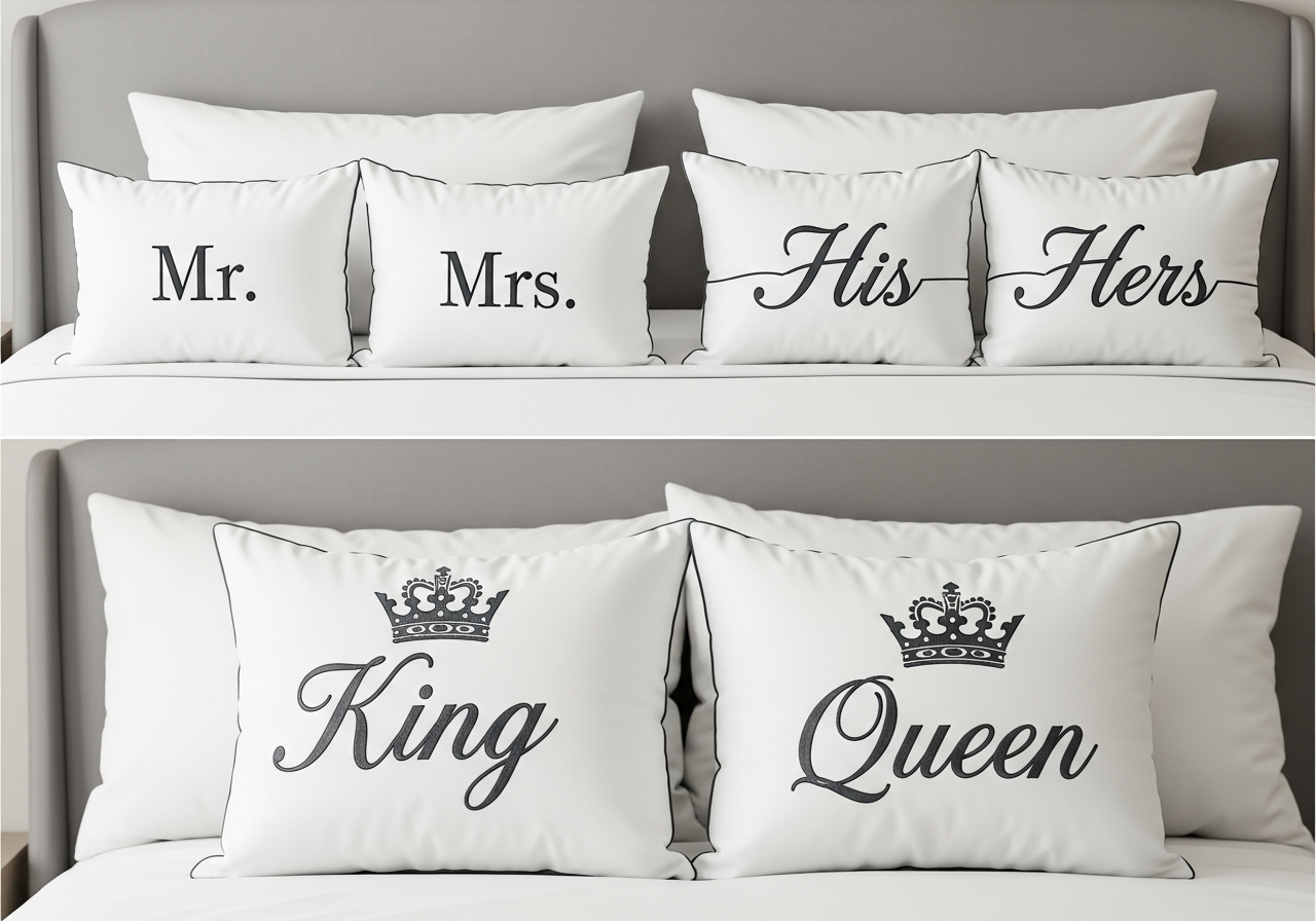 Matching his and hers custom couple pillow sets showing Mr and Mrs monogram and King and Queen crown designs