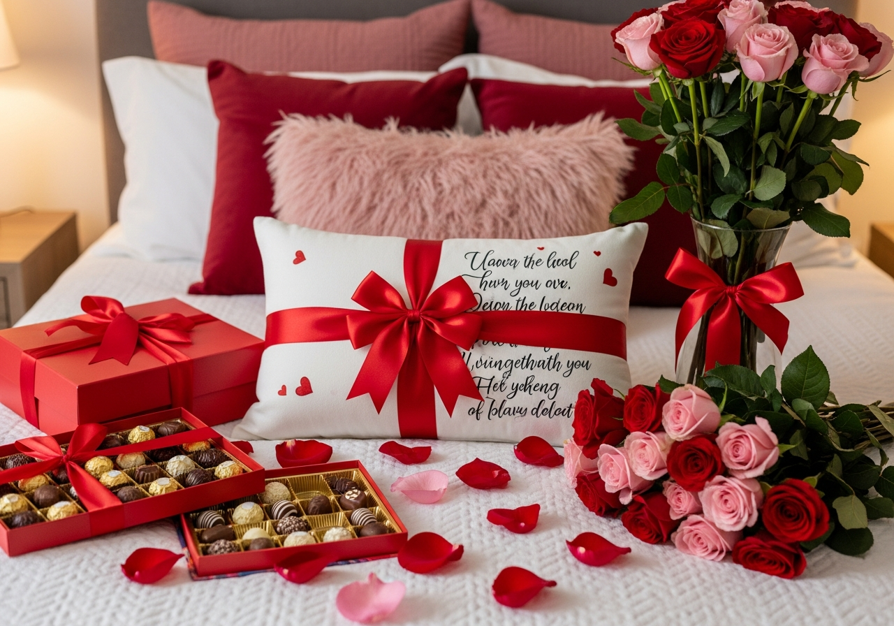 Valentine's Day custom pillow gifts featuring love letter typography and photo strip designs on red and pink fabric