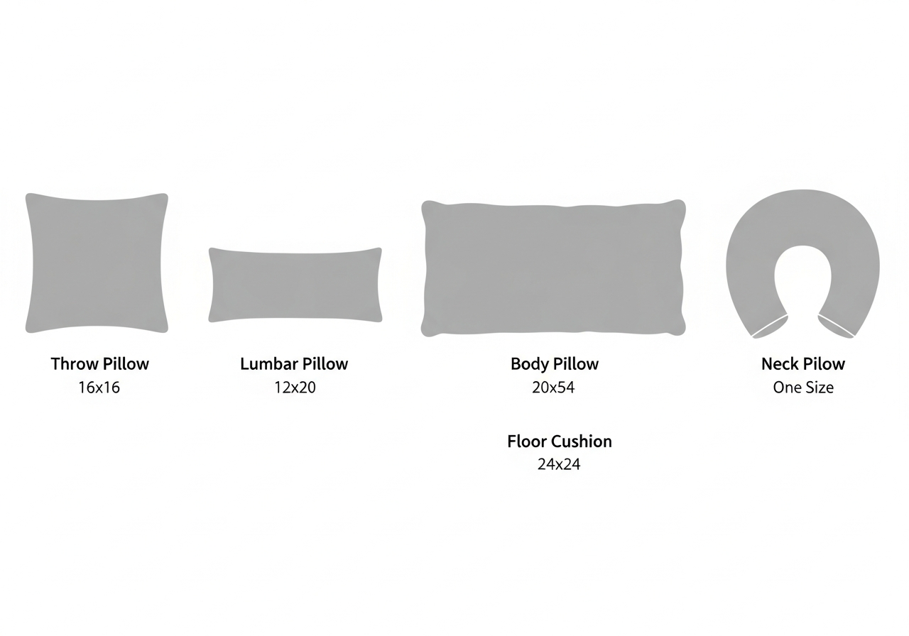 Custom pillow style and size options showing square throw pillow lumbar body pillow and floor cushion dimensions