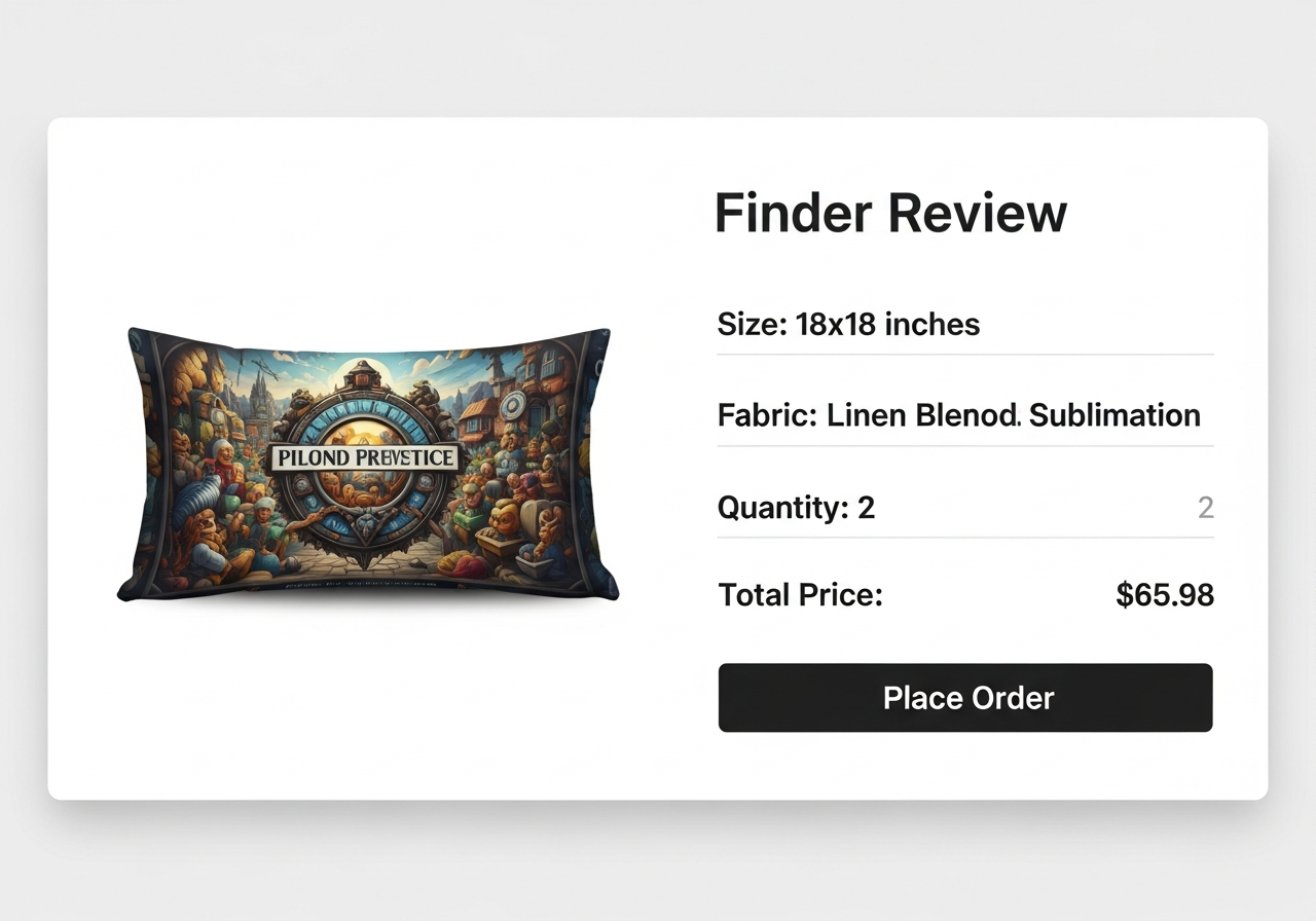 Custom pillow order review screen showing design preview quality check shipping options and final confirmation