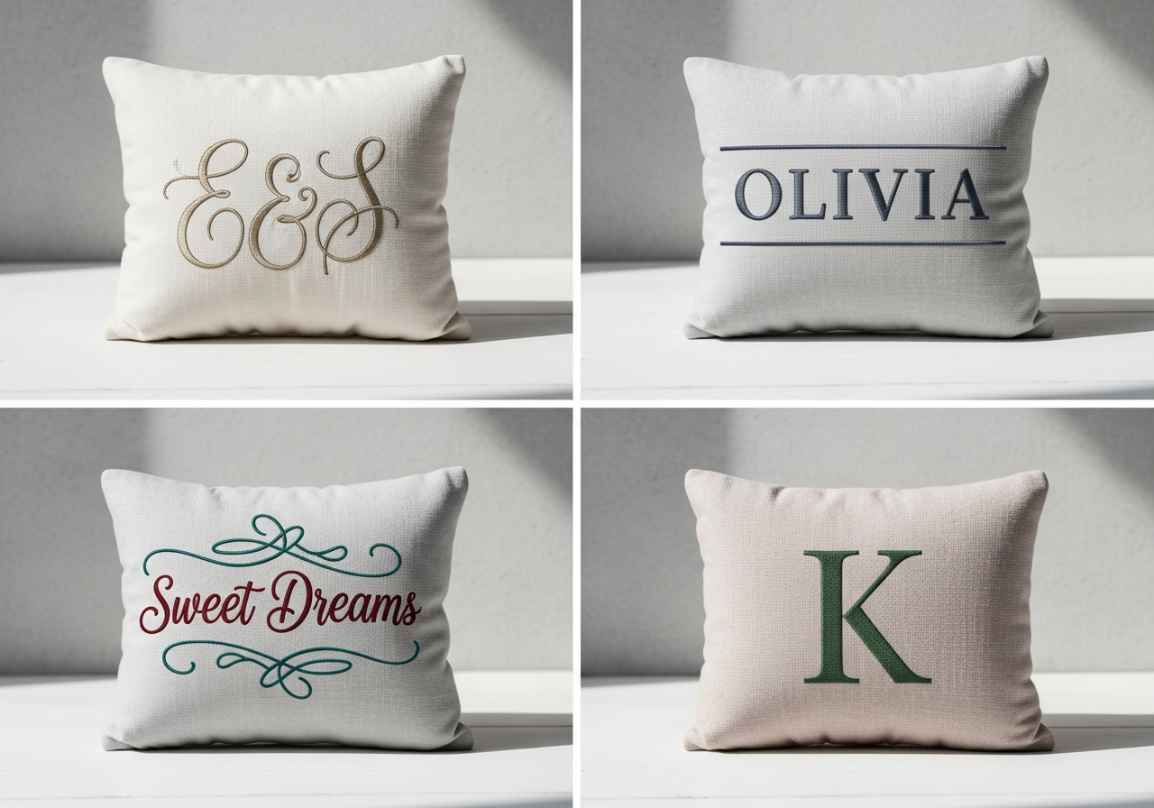 Custom pillow text and monogram options showing font styles sizes and placement examples on pillow canvas