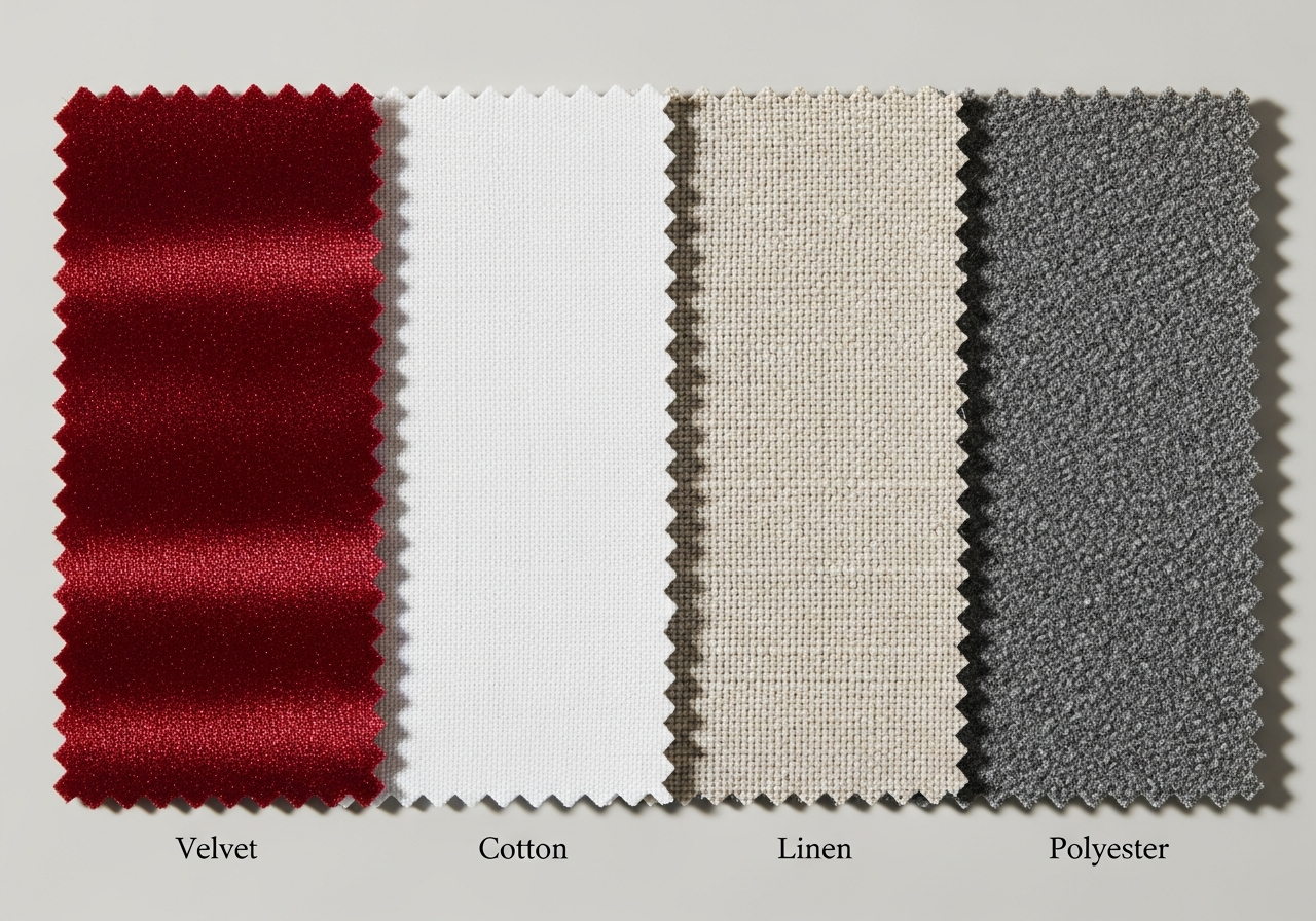 Custom pillow fabric swatches comparing cotton linen velvet polyester and canvas textures side by side