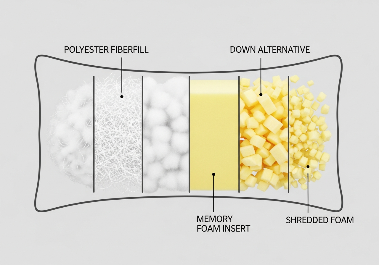 Custom pillow fill types comparison showing polyester fiberfill down alternative memory foam and kapok side by side