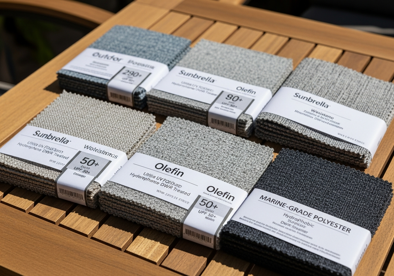 Outdoor custom pillow fabrics including Sunbrella and Olefin showing weather resistance and UV protection features