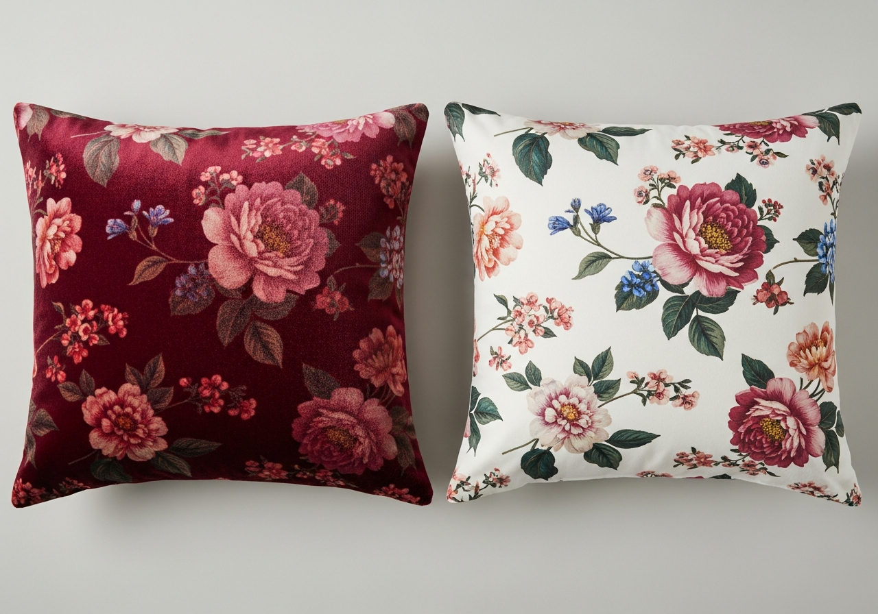 Side by side comparison of velvet and cotton custom pillow fabrics showing texture difference and print quality