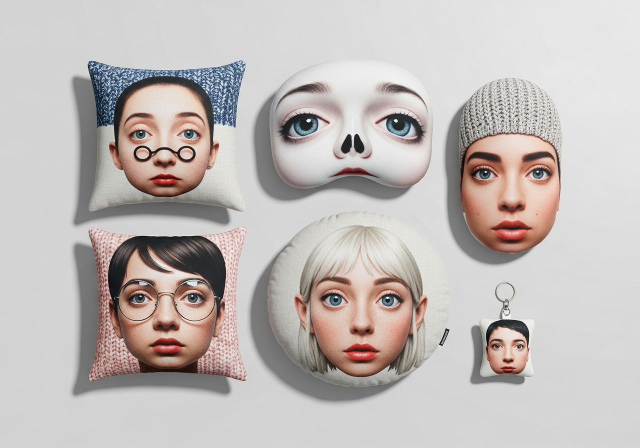 Collage of custom face pillow ideas showing different occasions from parties to gifts to home decor