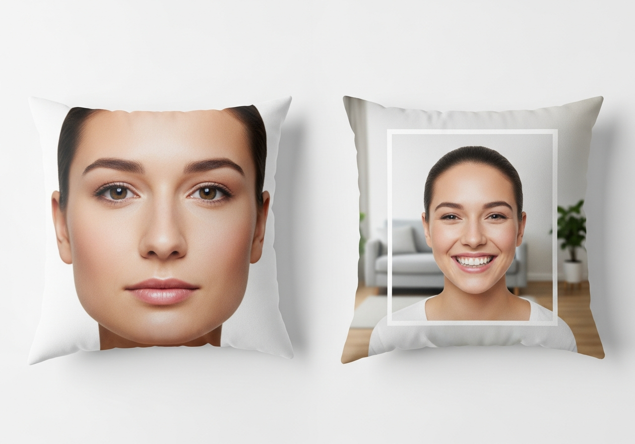 Comparison of full face background photo pillow versus cropped cutout face pillow showing design differences