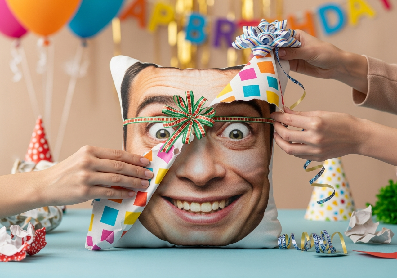Custom face pillow as a birthday gag gift wrapped with a bow showing a funny expression photo print