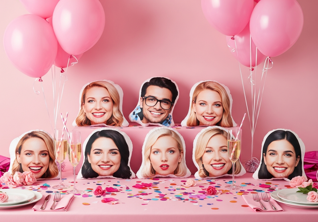 Custom face pillows used at a bachelorette party with the bridal party holding matching face cushions
