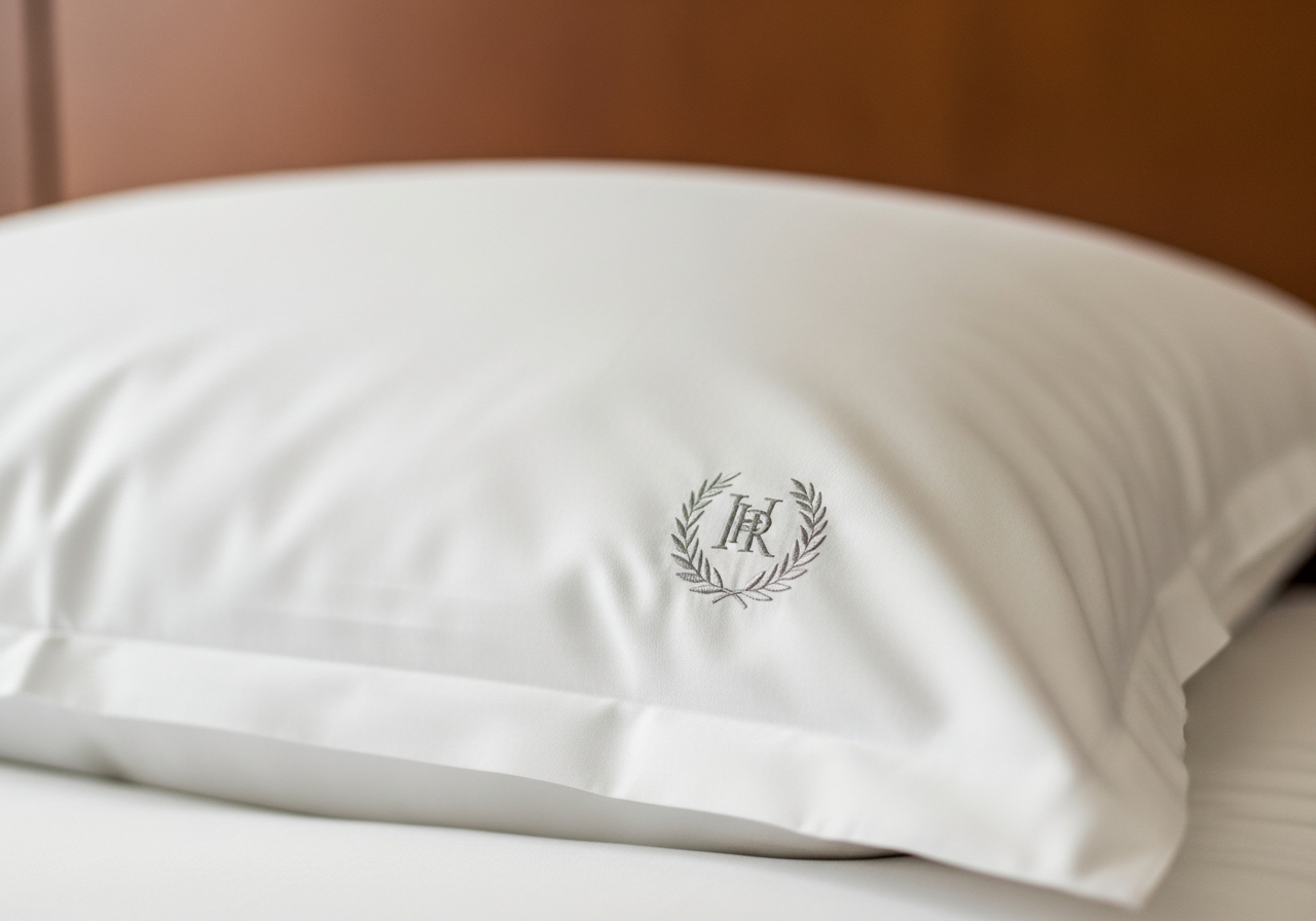 Branded hotel pillow with embroidered logo on a luxury hotel bed showing hospitality branding application