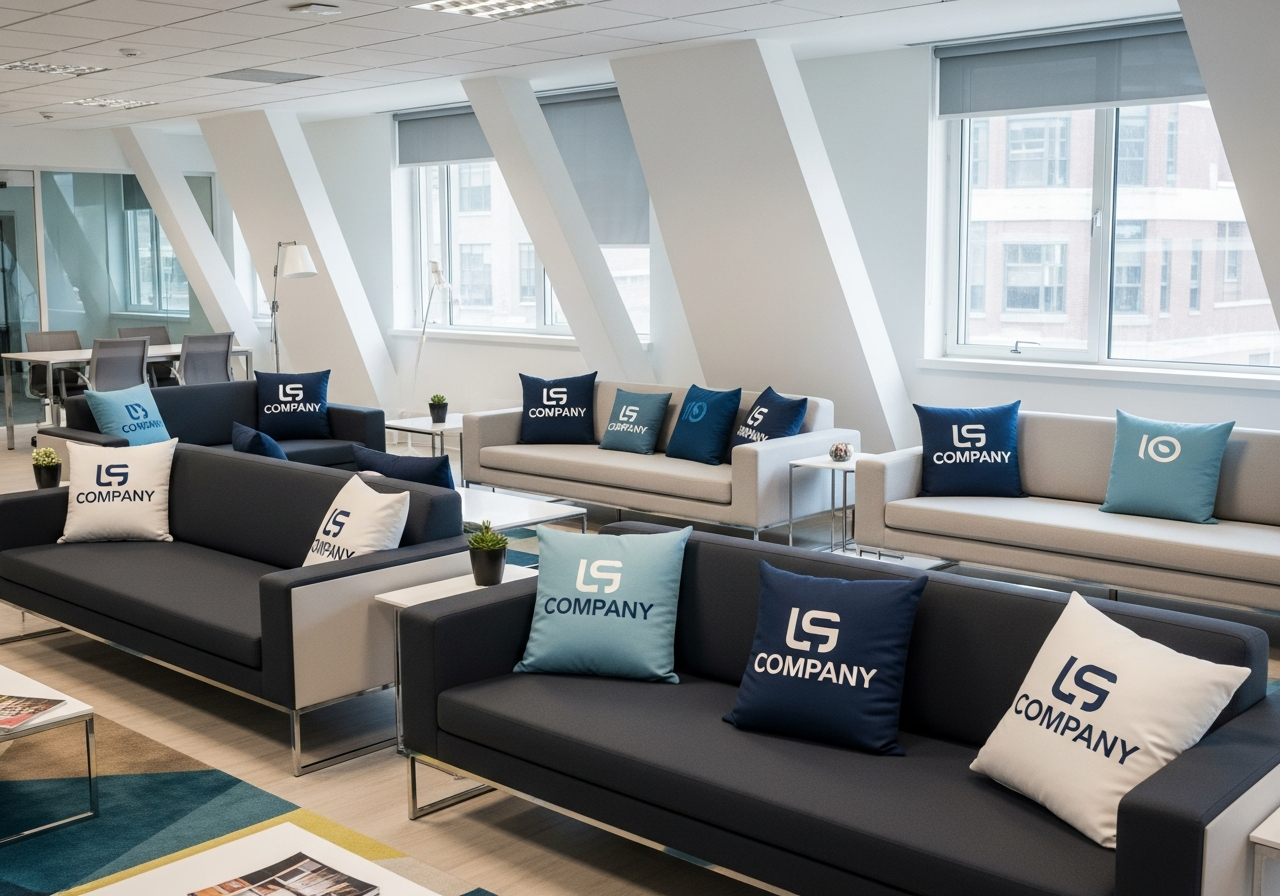 Custom logo pillows in a modern office lounge showing brand presence in employee and client spaces