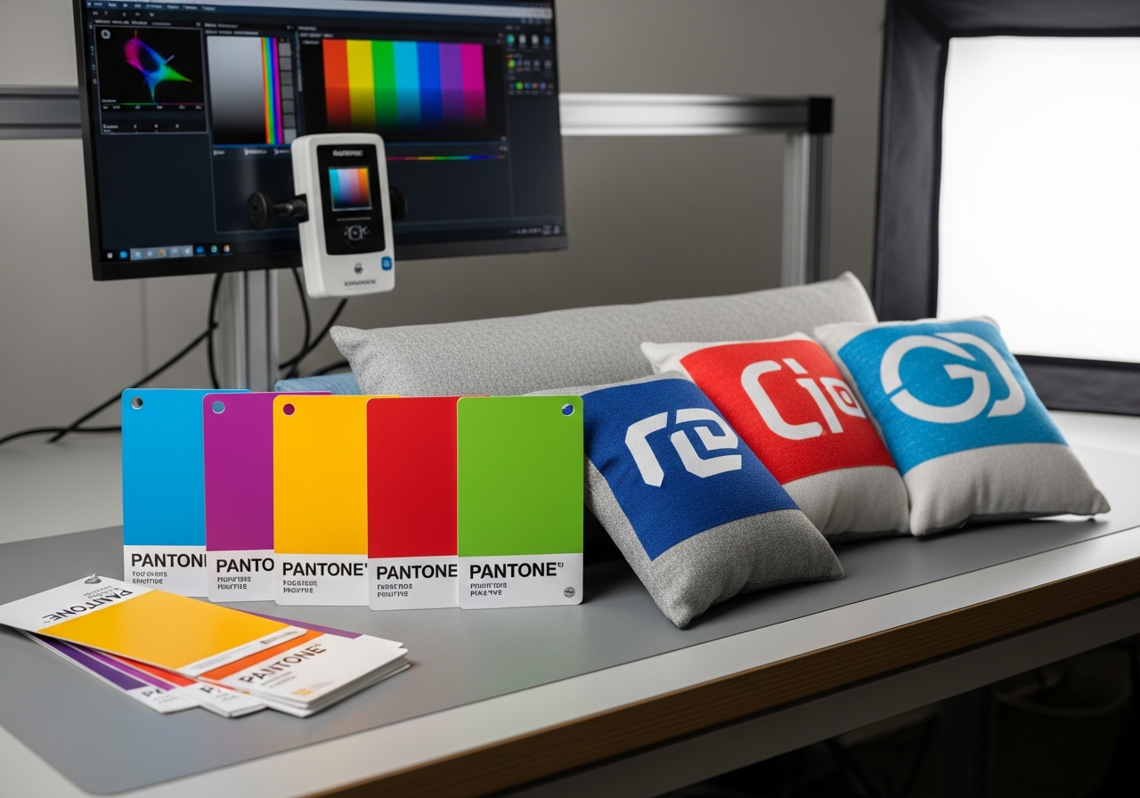 Pantone color matching process for custom logo pillows showing brand color accuracy from screen to fabric