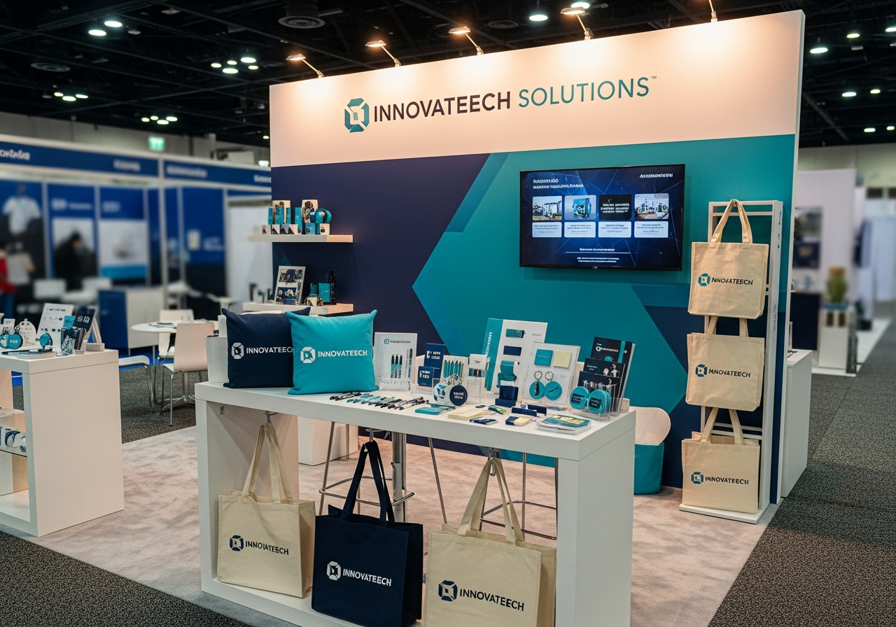 Custom logo pillows displayed at a trade show booth with branded merchandise and corporate gifting setup