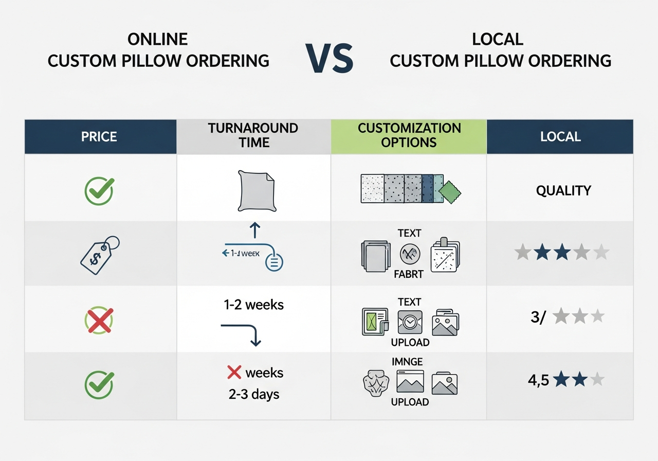 Comparison chart of online vs local custom pillow services showing material options pricing and design tools