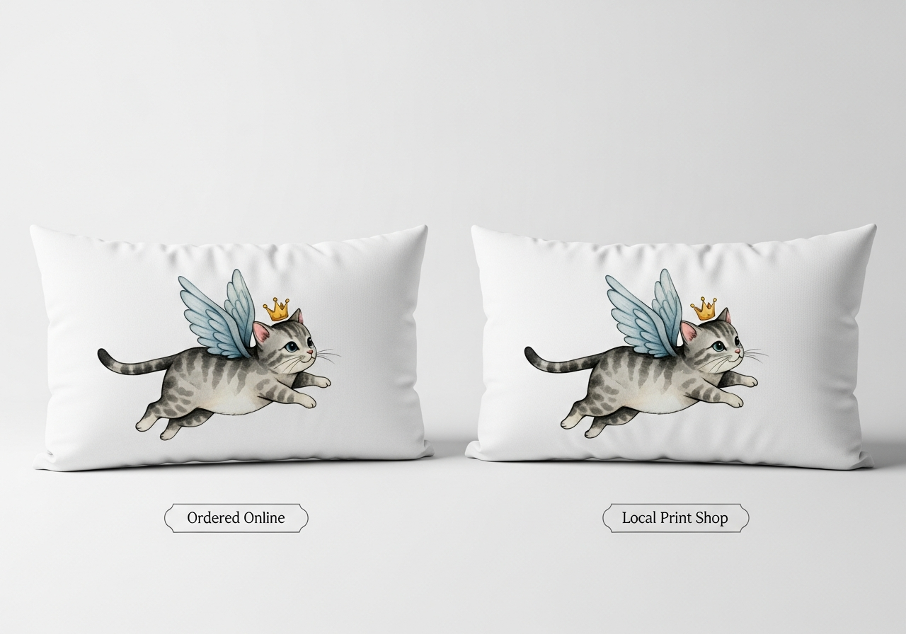 Quality comparison of custom pillows from online and local services showing print detail and fabric quality