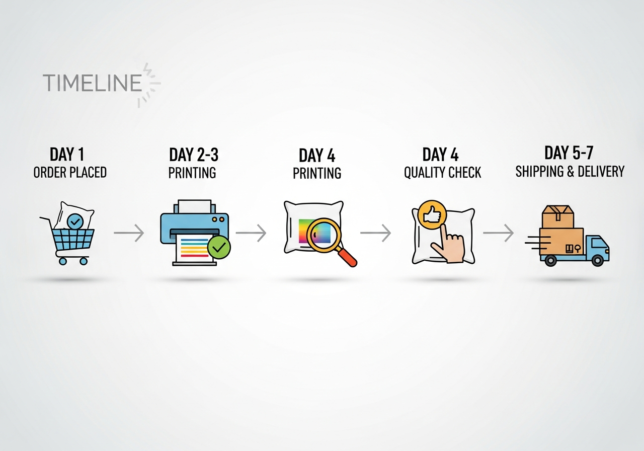 Turnaround time timeline comparing local and online custom pillow production and delivery schedules