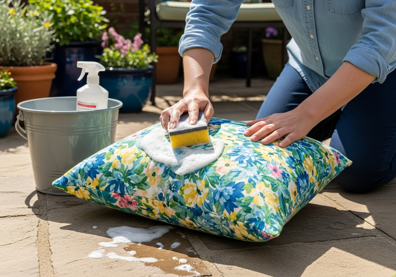 Cleaning and maintaining custom outdoor pillows showing proper washing technique and storage methods