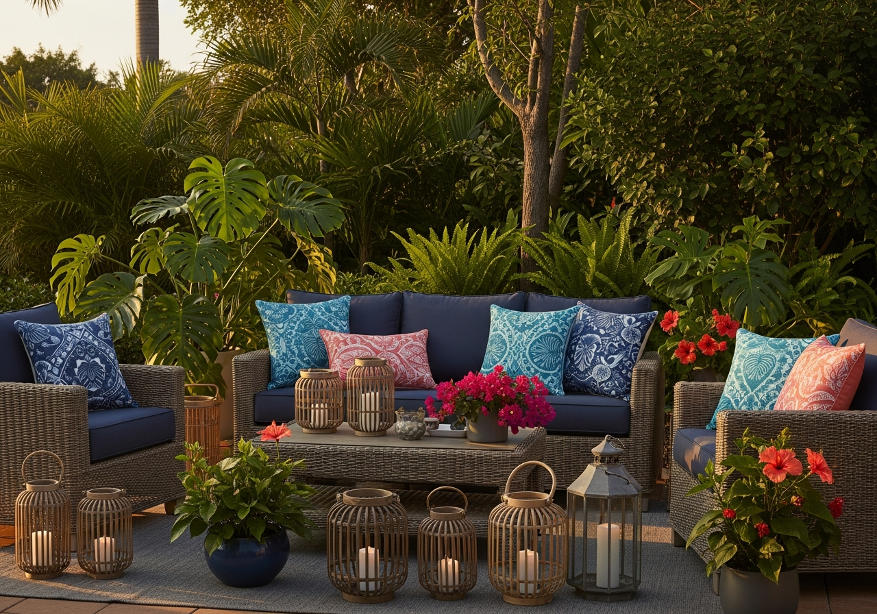 Custom outdoor pillows arranged on patio furniture showing various sizes from accent to lumbar to floor cushions