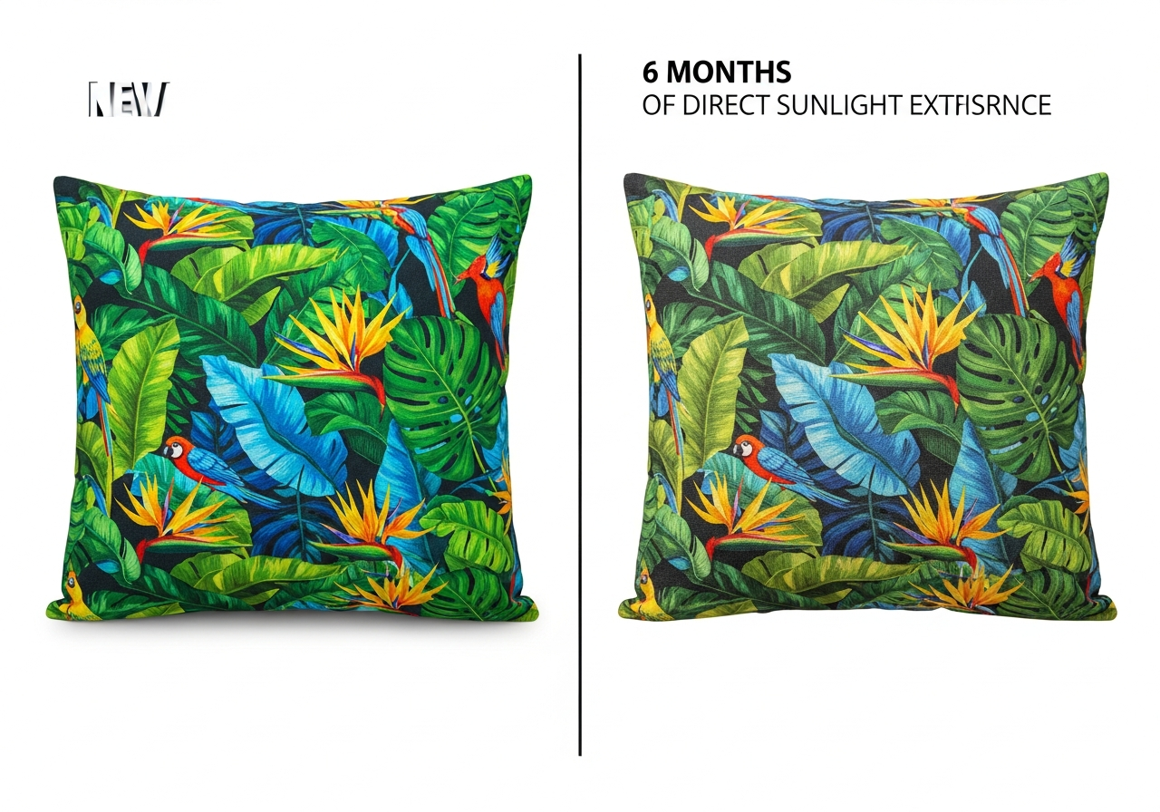 UV fade resistance test results showing custom outdoor pillow color retention over months of sun exposure