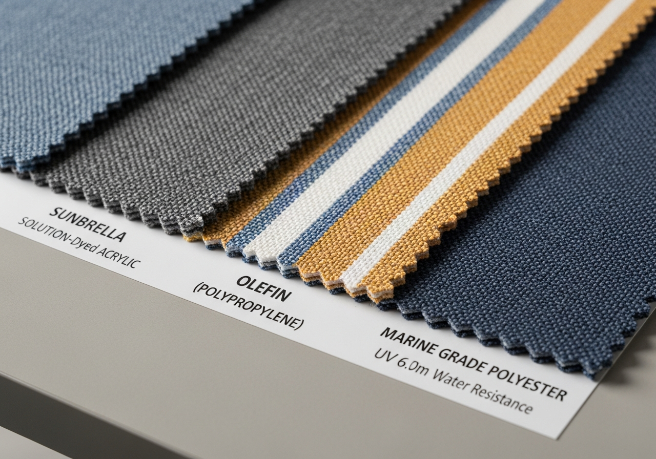 Weather resistant outdoor pillow fabrics including Sunbrella Olefin and UV-treated polyester material samples