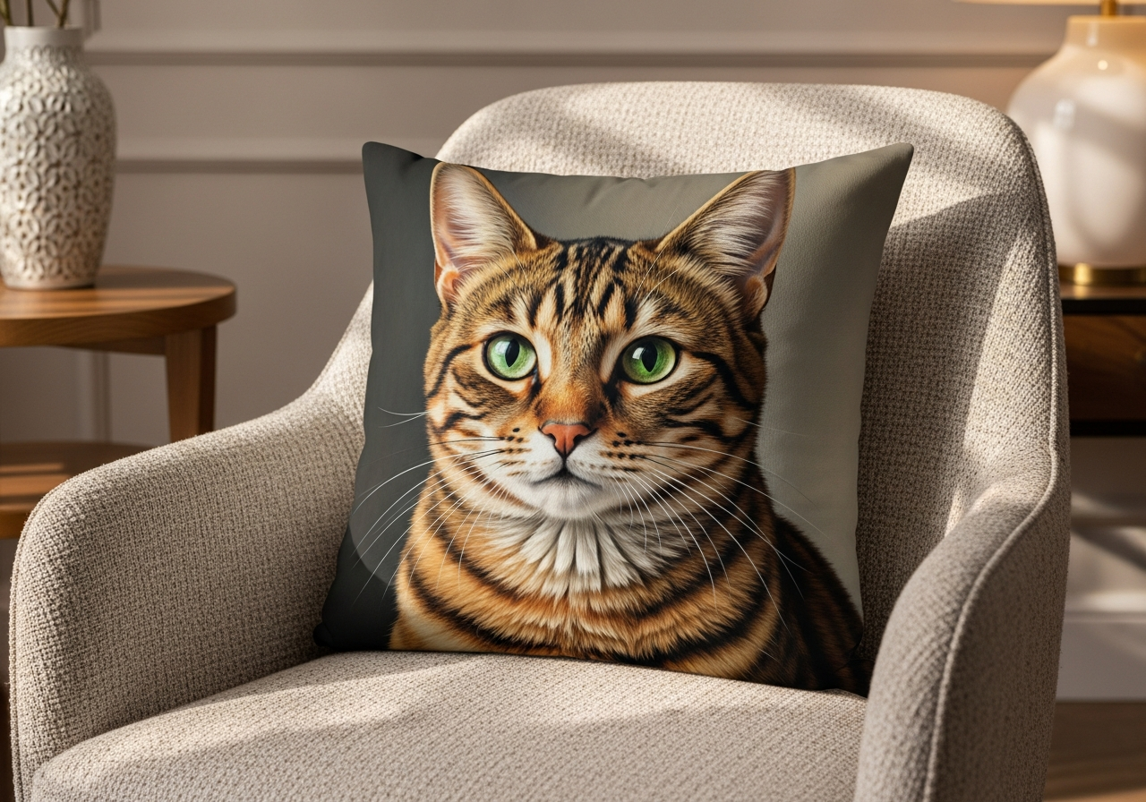 Custom cat pillow designs showing various styles from regal portraits to playful sleeping cat close-ups