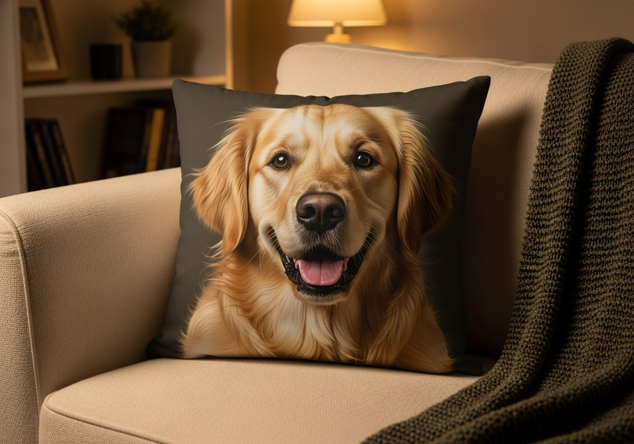 Custom dog portrait pillow showing a golden retriever headshot printed on a square throw pillow