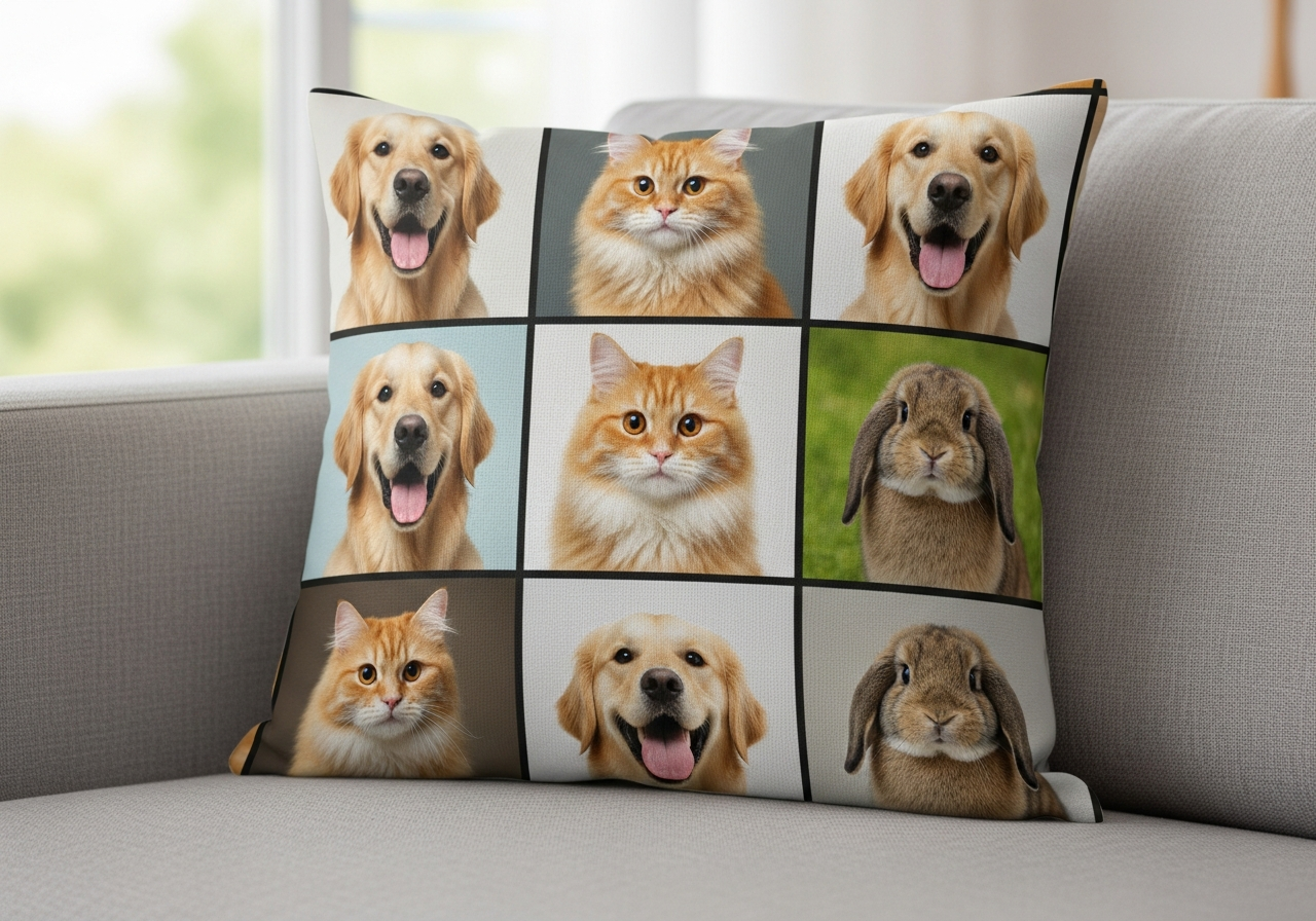 Multi-pet collage pillow design showing four different pets arranged in a grid layout on a single custom pillow