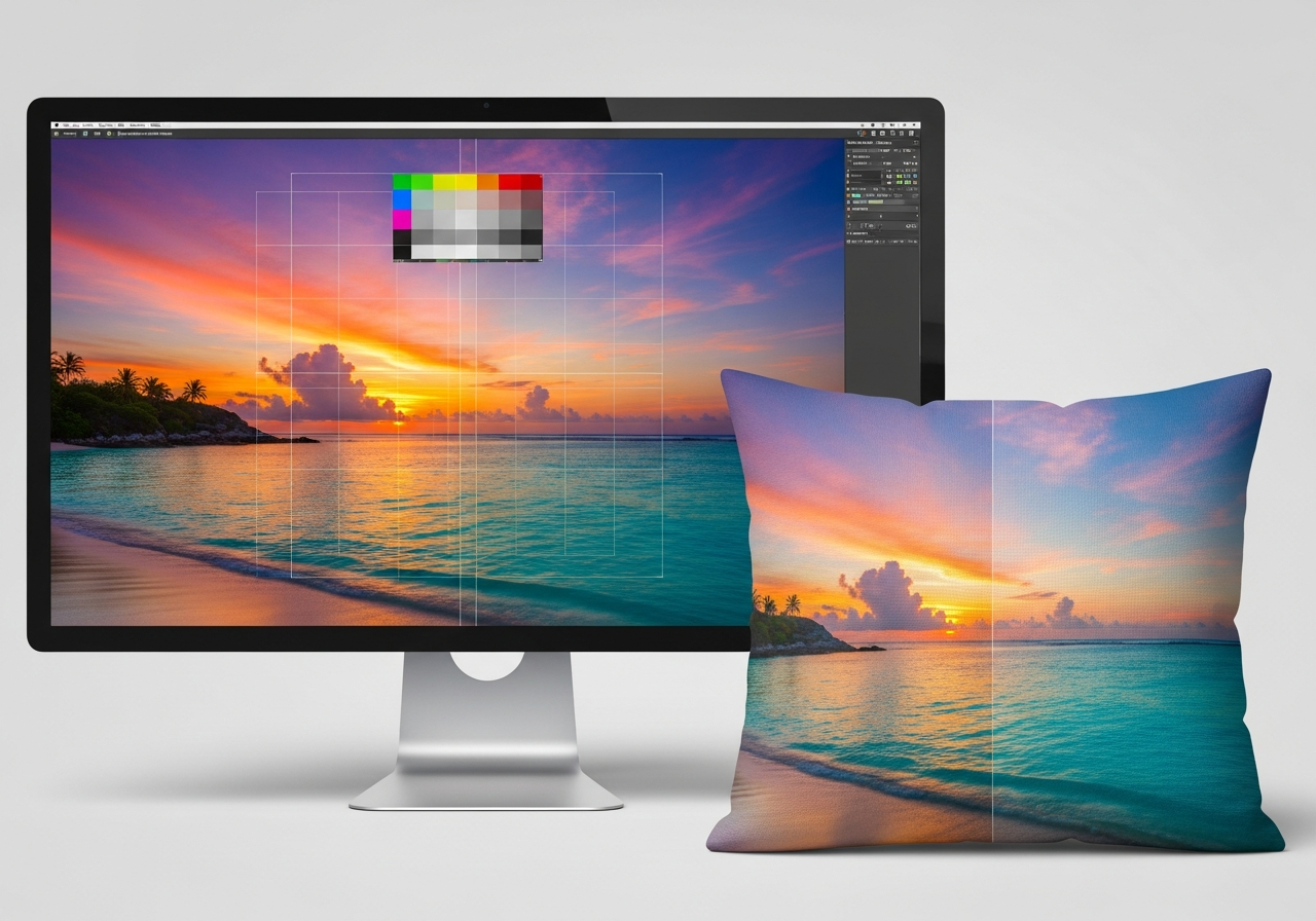 Color matching comparison showing how RGB screen colors translate to printed fabric on custom pillows