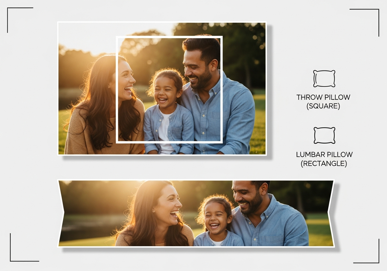 Photo cropping guide showing optimal crop zones for square lumbar and body pillow shapes
