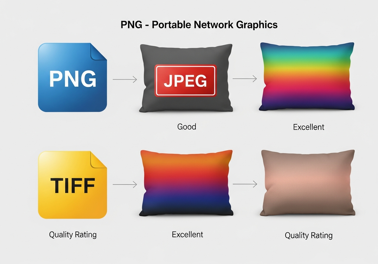 File format comparison showing PNG JPEG and TIFF quality differences for custom pillow printing