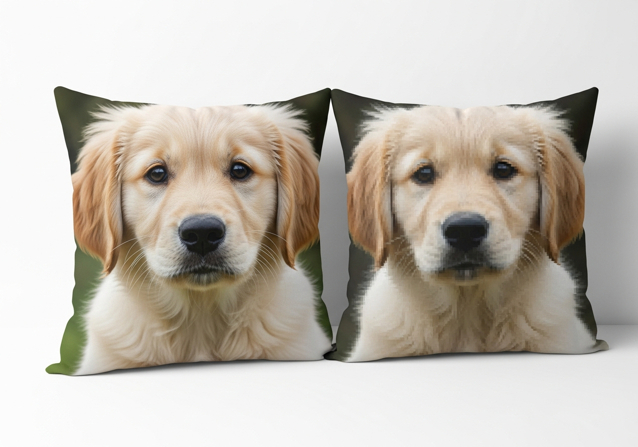 Side-by-side comparison of custom photo pillow prints at different resolutions showing quality differences