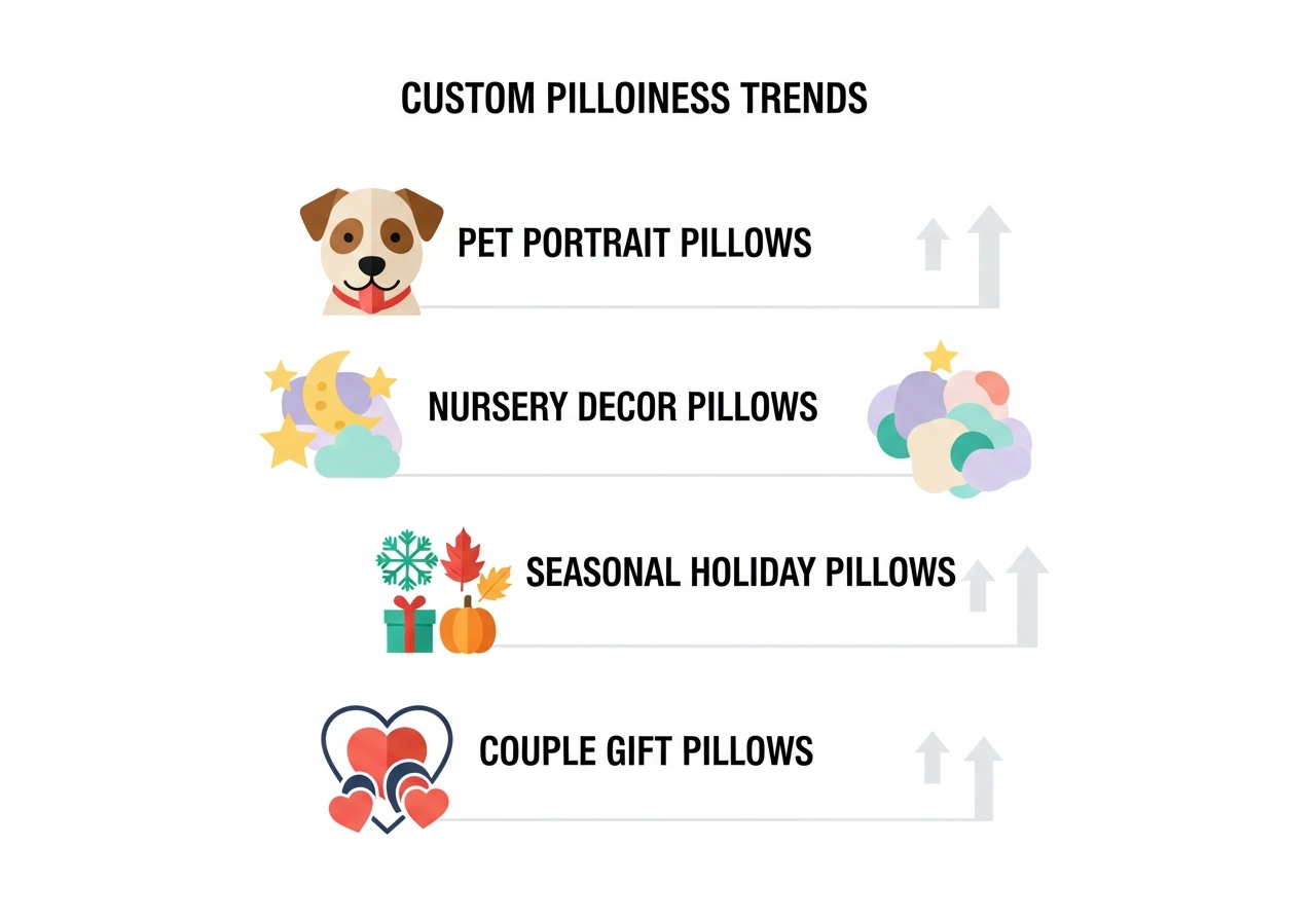 Custom pillow business niche trends showing pet portrait nursery decor seasonal holiday and couple gift pillow categories
