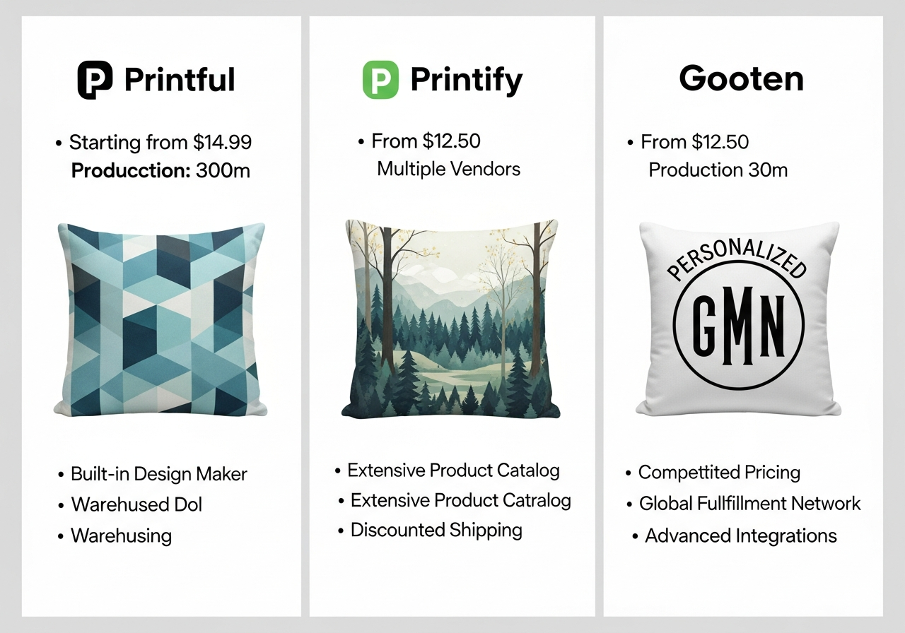 E-commerce platform comparison for custom pillow business showing Etsy Shopify and Amazon features fees and pros cons