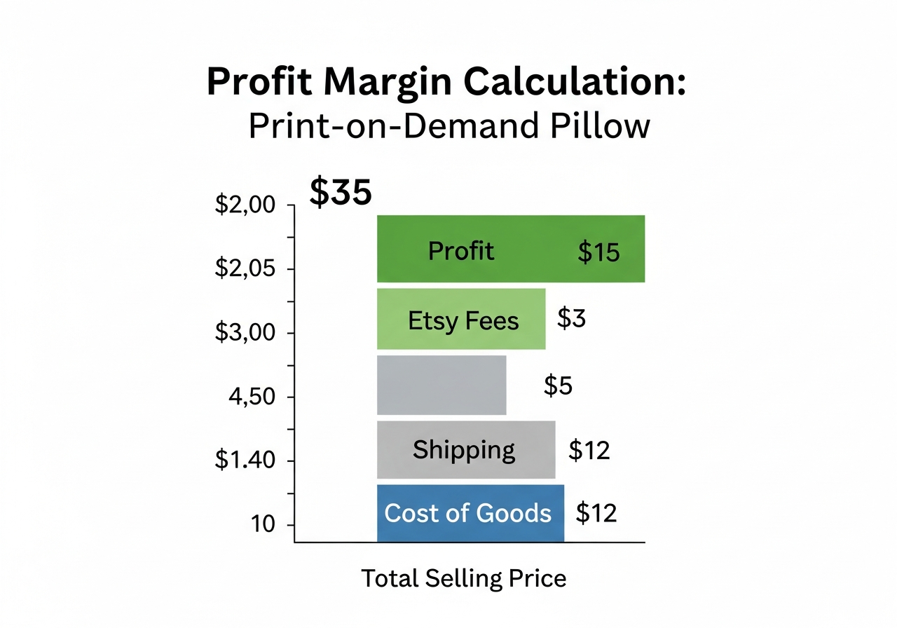 Custom pillow business profit margin breakdown showing production cost retail price platform fees and net profit per unit