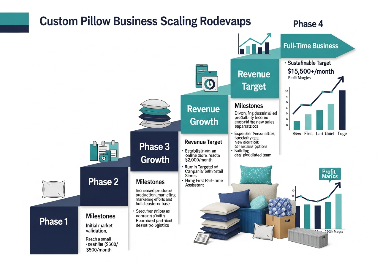 Custom pillow business scaling roadmap showing four phases from validation to full-time business with revenue targets