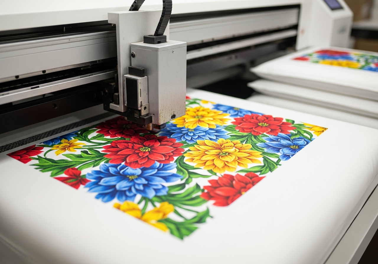 DTG direct to garment printer applying ink to a cotton custom pillow cover showing the printing process